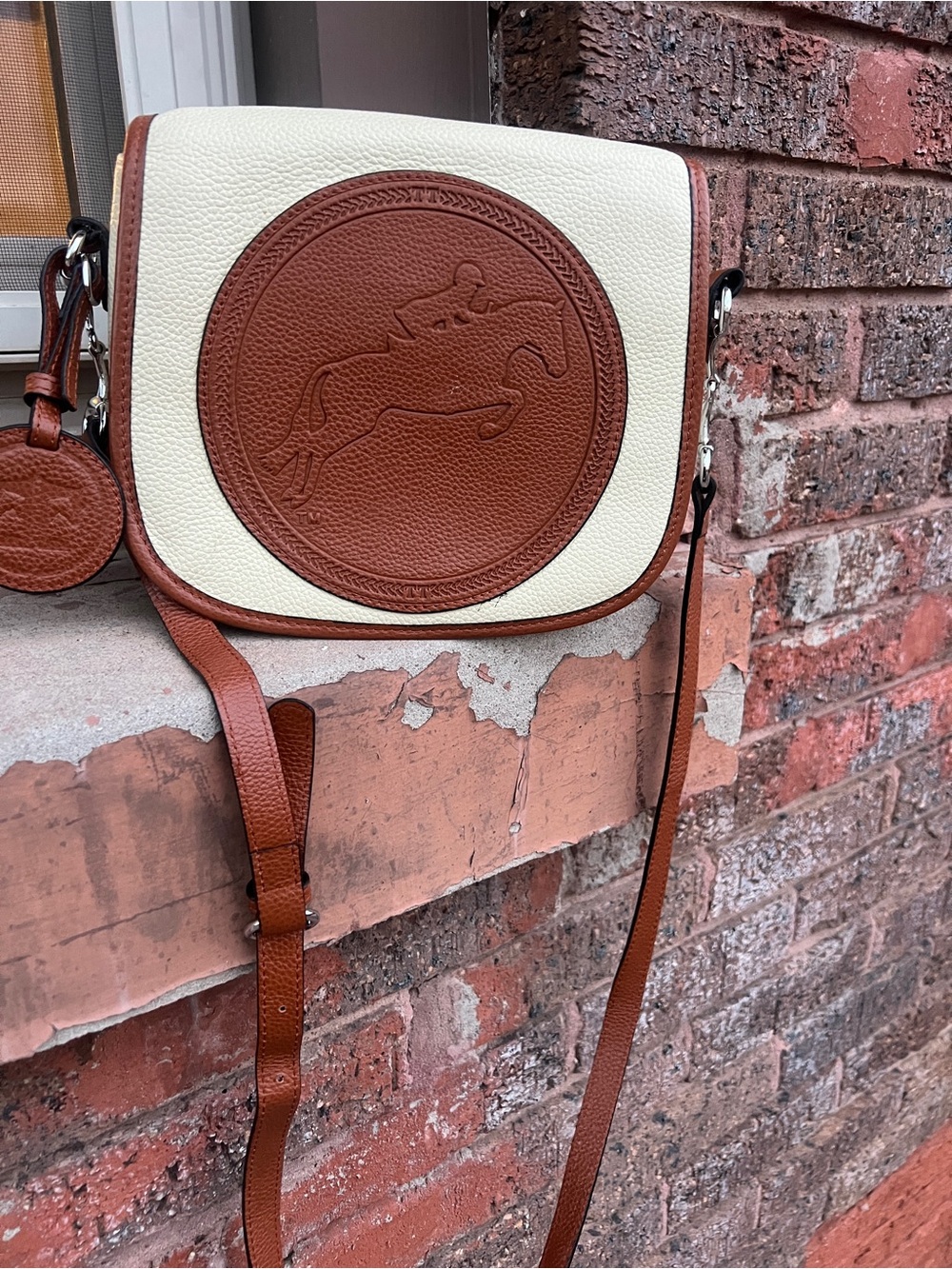 Tan and Cream Leather Crossbody Messenger Bag with Horse Medallion